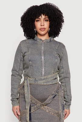 Womens Plus Size Mineral Wash Buckle Strap Jean Jacket, Blue, Size 1X