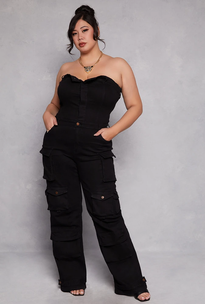 Womens Plus Daisy Denim Strapless Utility Jumpsuit,