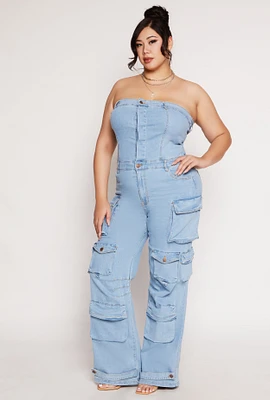 Womens Plus Size Daisy Denim Strapless Utility Jumpsuit, Blue, Size 3X