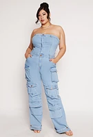 Womens Plus Size Daisy Denim Strapless Utility Jumpsuit, Blue, Size 3X