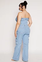 Womens Plus Daisy Denim Strapless Utility Jumpsuit, Blue,