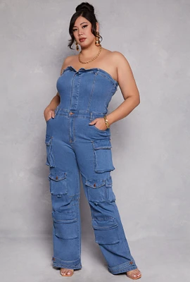 Womens Plus Size Daisy Denim Strapless Utility Jumpsuit, Blue, Size 3X