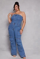 Womens Plus Size Daisy Denim Strapless Utility Jumpsuit, Blue, Size 2X