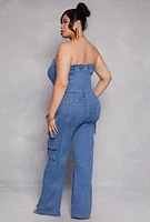 Womens Plus Size Daisy Denim Strapless Utility Jumpsuit, Blue, Size 2X