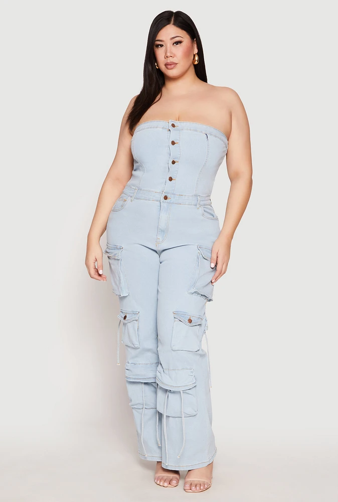 Womens Plus Size Daisy Denim Cargo Jumpsuit, Blue, Size 2X