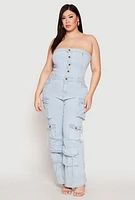 Womens Plus Size Daisy Denim Cargo Jumpsuit, Blue, Size 2X