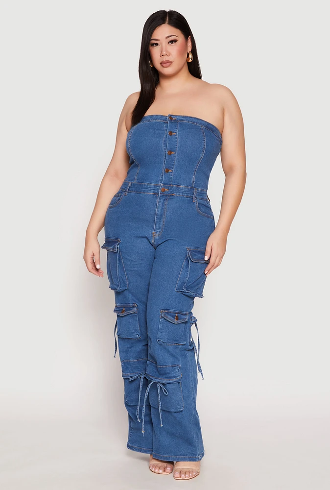 Womens Plus Size Daisy Denim Cargo Jumpsuit, Blue, Size 2X