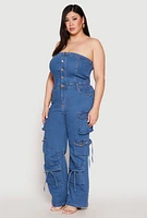 Womens Plus Size Daisy Denim Cargo Jumpsuit, Blue, Size 2X