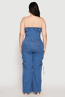 Womens Plus Size Daisy Denim Cargo Jumpsuit, Blue, Size 2X