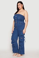 Womens Plus Size Daisy Denim Cargo Jumpsuit, Blue, Size 3X