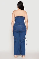 Womens Plus Size Daisy Denim Cargo Jumpsuit, Blue, Size 3X