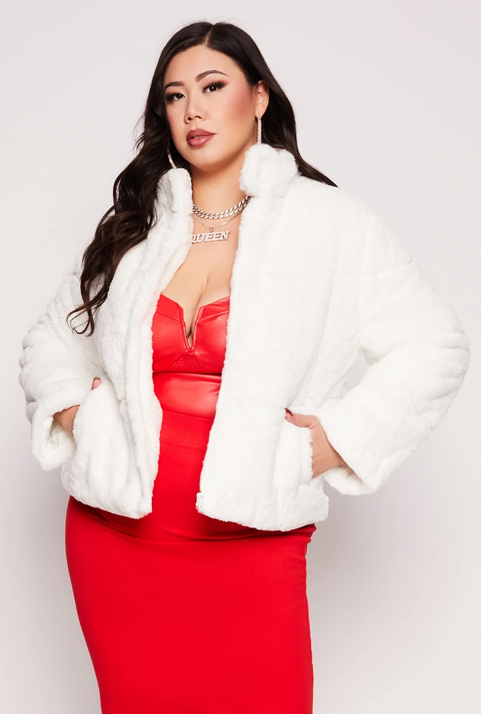Womens Plus Faux Fur Zip Front Jacket, White,
