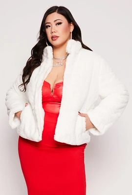 Womens Plus Faux Fur Zip Front Jacket, White,