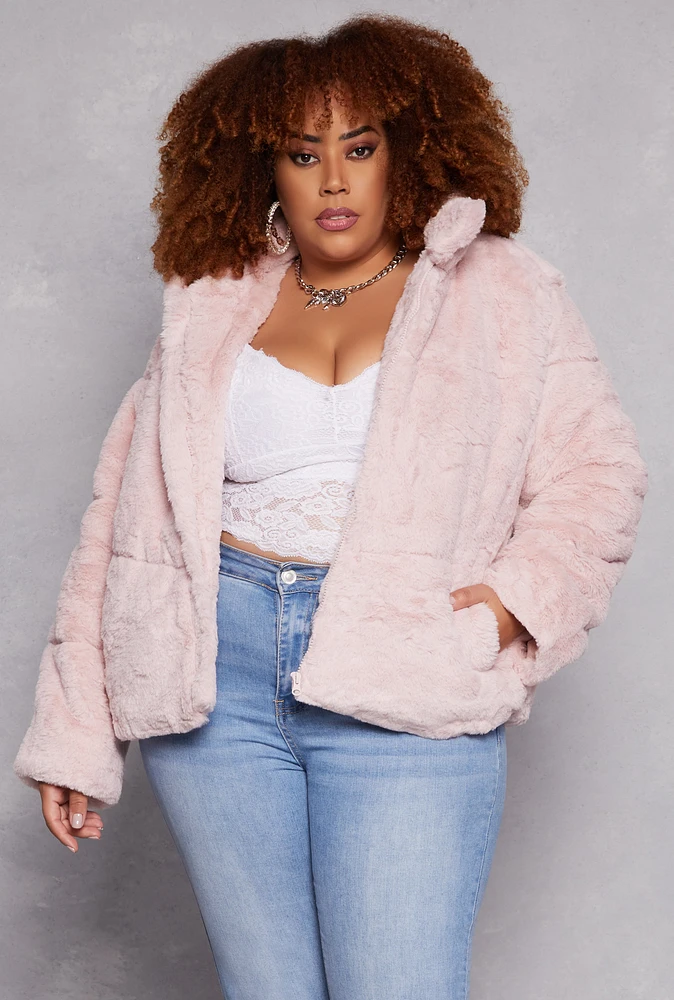 Womens Plus Size Faux Fur Zip Front Jacket, Pink, Size 2X