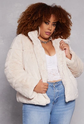 Womens Plus Faux Fur Zip Front Jacket, 2X