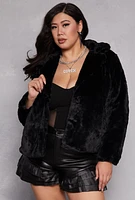 Womens Plus Snap Button Faux Fur Jacket,