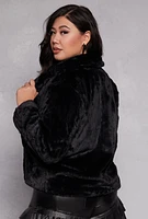 Womens Plus Snap Button Faux Fur Jacket,