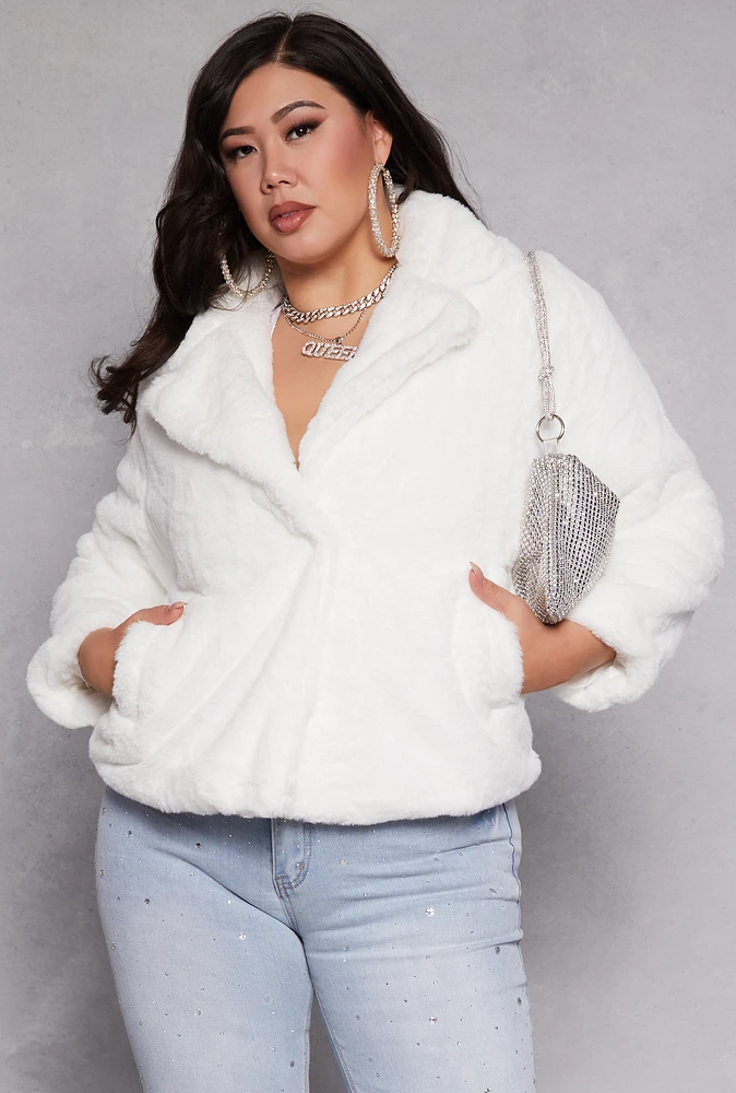 Womens Plus Snap Button Faux Fur Jacket, White,