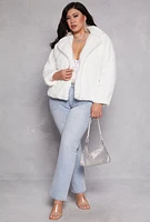 Womens Plus Size Snap Button Faux Fur Jacket, White, Size 2X