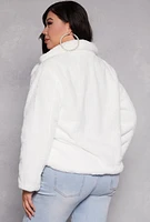 Womens Plus Size Snap Button Faux Fur Jacket, White, Size 2X