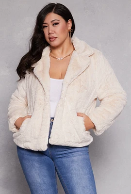 Womens Plus Snap Button Faux Fur Jacket, Beige,