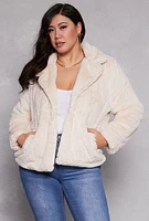 Womens Plus Snap Button Faux Fur Jacket, Beige,