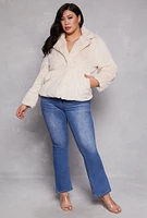 Womens Plus Snap Button Faux Fur Jacket, Beige,