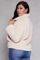 Womens Plus Snap Button Faux Fur Jacket, Beige,