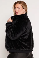 Womens Plus Faux Fur High Neck Bomber Jacket, Black,