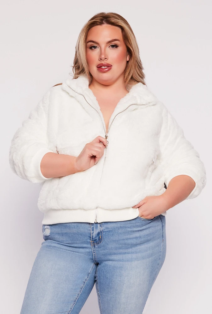 Womens Plus Size Faux Fur High Neck Bomber Jacket, White, Size 3X