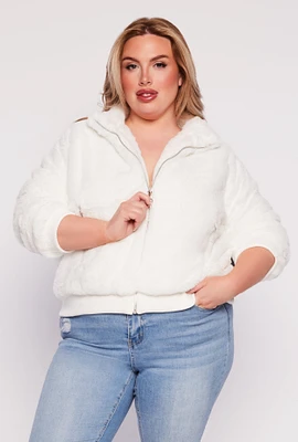 Womens Plus Size Faux Fur High Neck Bomber Jacket, White, Size 3X