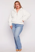 Womens Plus Size Faux Fur High Neck Bomber Jacket, White, Size 3X