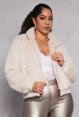 Womens Plus Size Faux Fur High Neck Bomber Jacket, Beige, Size 2X