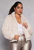 Womens Plus Size Faux Fur High Neck Bomber Jacket, Beige, Size 2X