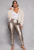 Womens Plus Size Faux Fur High Neck Bomber Jacket, Beige, Size 2X
