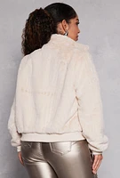 Womens Plus Size Faux Fur High Neck Bomber Jacket, Beige, Size 2X