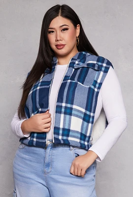 Womens Plus Size Plaid Hooded Zip Front Vest, Blue, Size 1X