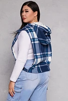 Womens Plus Size Plaid Hooded Zip Front Vest, Blue, Size 1X