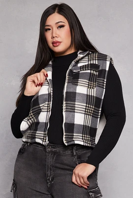 Womens Plus Plaid Hooded Zip Front Vest,