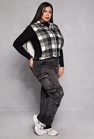 Womens Plus Plaid Hooded Zip Front Vest,