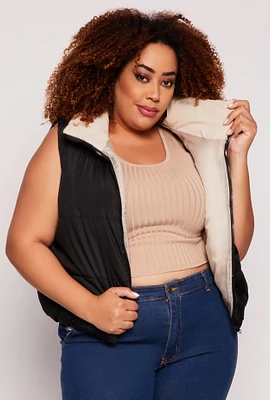 Womens Plus Size Color Blocked Puffer Vest, Black, Size 1X