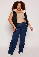 Womens Plus Color Blocked Puffer Vest, Black,