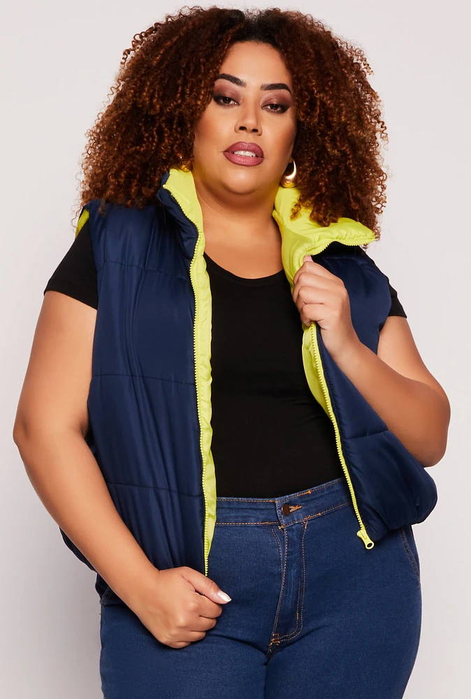 Womens Plus Color Blocked Puffer Vest,