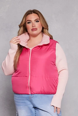 Womens Plus Size Color Blocked Puffer Vest, Pink, Size 2X