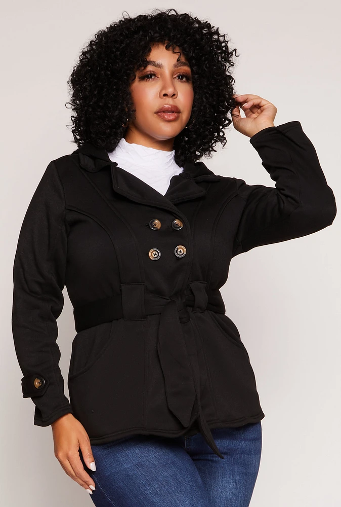 Womens Plus Size Fleece Double Breast Belted Peacoat, Black, Size 1X