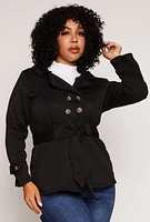 Womens Plus Size Fleece Double Breast Belted Peacoat, Black, Size 1X