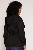 Womens Plus Size Fleece Double Breast Belted Peacoat, Black, Size 1X