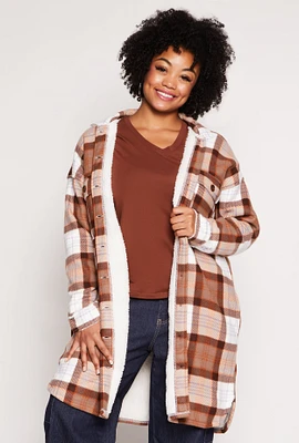 Womens Plus Size Plaid Sherpa Lined Long Shacket, Brown, Size 1X