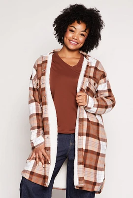 Womens Plus Size Plaid Sherpa Lined Long Shacket, Brown, Size 2X