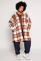 Womens Plus Size Plaid Sherpa Lined Long Shacket, Brown, Size 1X